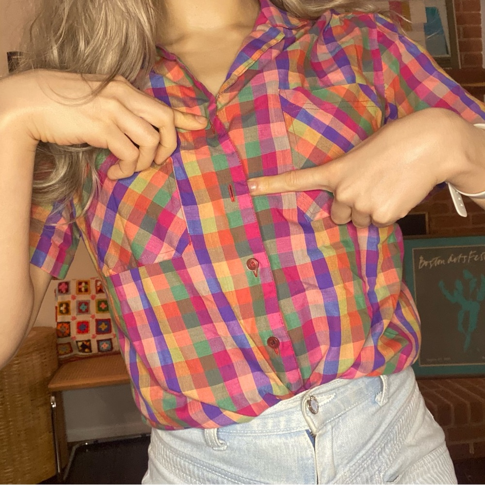 Vintage 80s Ecco Bay Plaid Rainbow Multi Checkered Short Sleeve Button U… - Picture 5 of 14